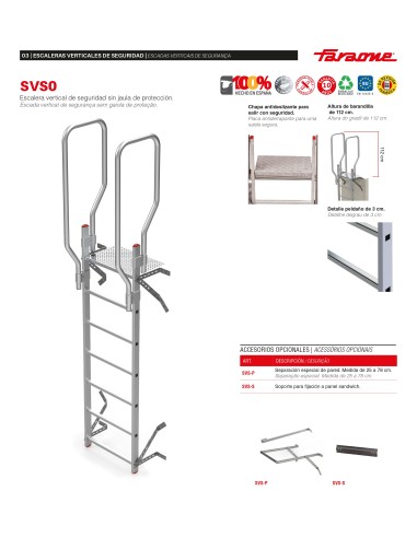 Escalera de seguridad vertical SVS0-124 para entreplantas y altillos. Entre 0,96 / 1,24 m
