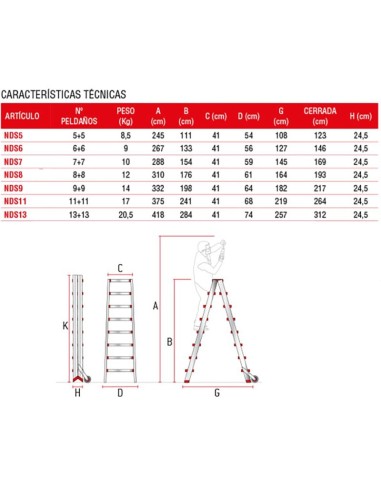 Escadote profissional NDS5 com subida dupla e 11+11 degraus