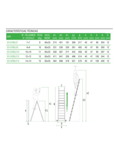 Escada doméstica multiusos ES-DOUBLE12 e dois troços - ESCALIBUR