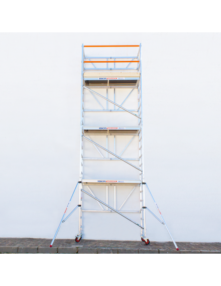 Andaime dobrável em alumínio 90x190 - 7,50 m de altura de trabalho com estabilizadores e rodapés