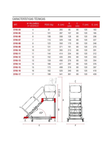 Escada profissional com plataforma e rodas SY45. De 4 a 17 passos - FARAONE