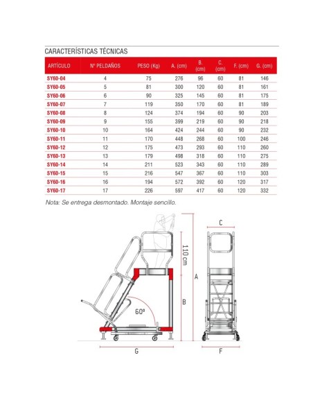 Escalera profesional con plataforma y ruedas SY60. De 4 a 17 peldaños - FARAONE