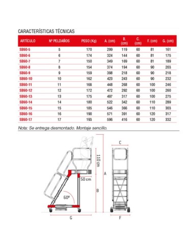Escalera profesional con plataforma, voladizo y ruedas. De 5 a 17 peldaños - FARAONE